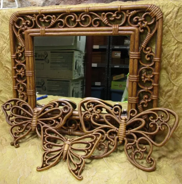 vintage 4 piece 1979 HOMCO faux wood (plastic) wall mirror and butterflies set