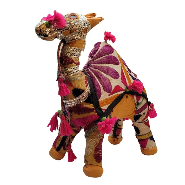 Vintage India Folk Art Stuffed Camel Hand Woven Fabric, Mirrors, Beads. 10"x7".