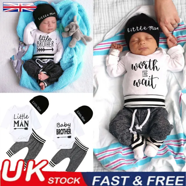 3Pcs Newborn Infant Baby Boy Little Man Long Sleeve Romper Leggings Set Clothes