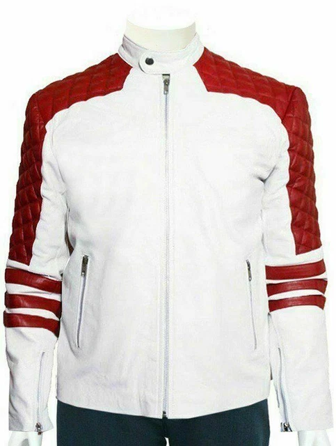 Men Genuine Lambskin Leather Classic Quilted Elegant Design White Coat Jacket
