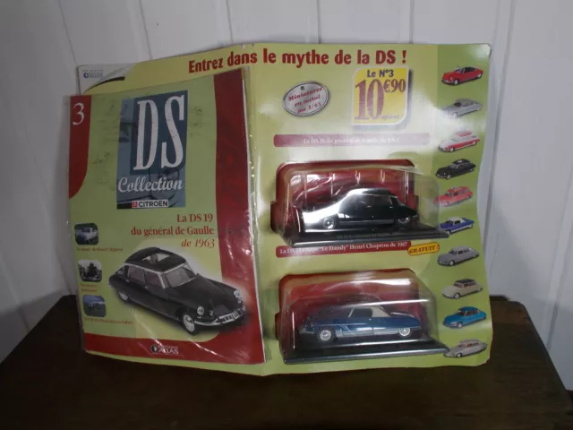 2 Voitures édition ATLAS 1/43 Citroen DS 19 General de Gaulle DS 21 magazine