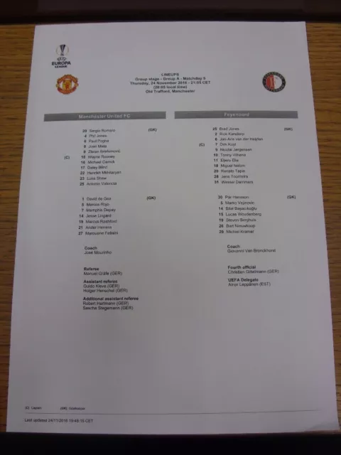 24/11/2016 Colour Teamsheet: Manchester United v Feyenoord [UEFA Europa League]