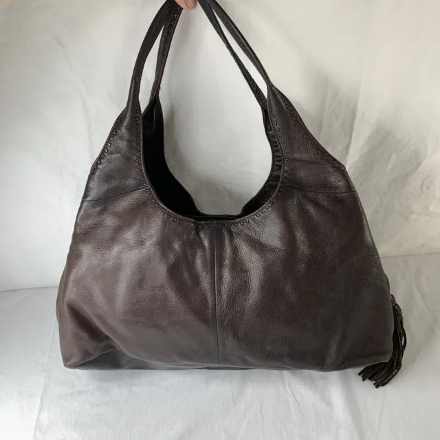 Sigrid Olsen brown leather hobo bag wide strap With Tassel medium size Soft