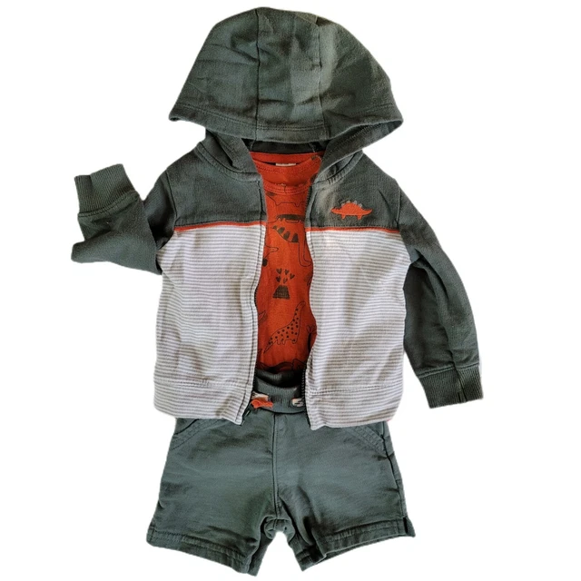 Carters Dinosaur Print Infant Baby Boy 3 Piece Short Set with Hooded Sweatshirt 