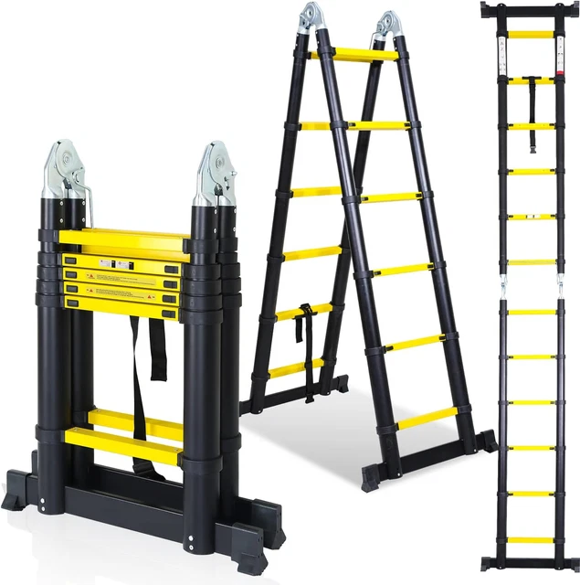 Scala Telescopica in Alluminio, 3,8 M, Telescopica Pieghevole Con Gancio Rimovib