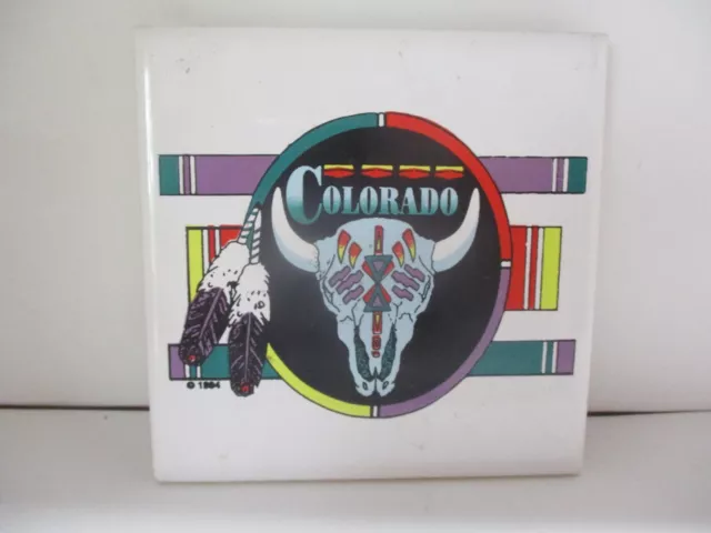 Vintage Colorado Souvenir Tile Trivet with Cattle Skull Scene