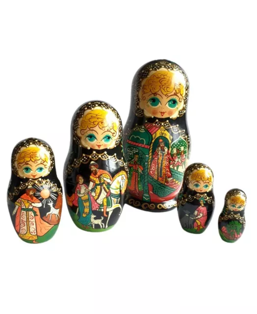 Matroschka Babuschka Puppen 5er Set Signiert Russland Vintage Mærchen Motiv 18cm