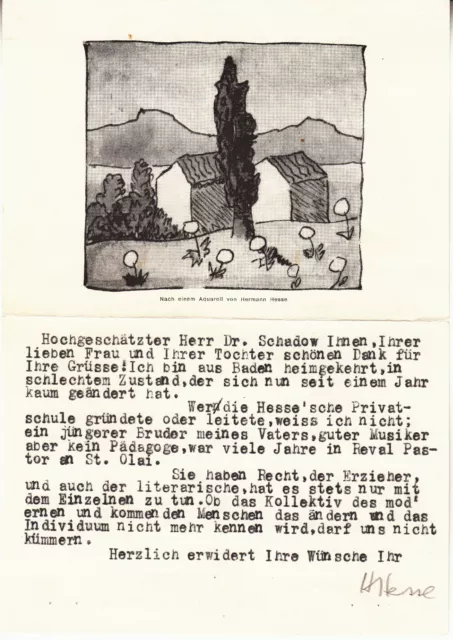 Hermann Hesse - Original-Brief mit gedrucktem Hesse-Aquarell - original signiert