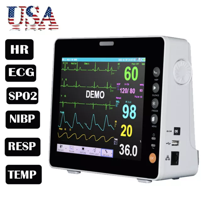 8" Medical Dental Patient Monitor ICU Vital Signs ECG NIBP RESP TEMP SPO2 HR