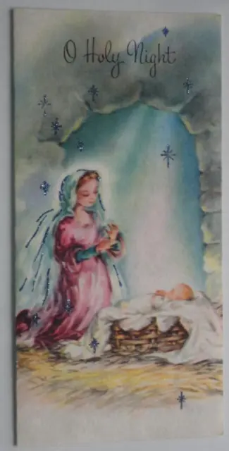 UNUSED Vintage Christmas Card GLITTERED Mother Mary Baby Jesus BLUE STARS