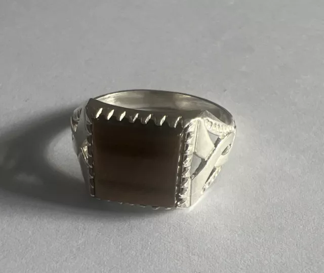 Sterling Silver Square Tigers Eye Set Gents Ring Free Post