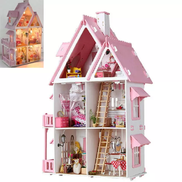 Barbie Kit Play Dollhouse Mansion Furniture DIY Large Wooden Kid Doll House Gift