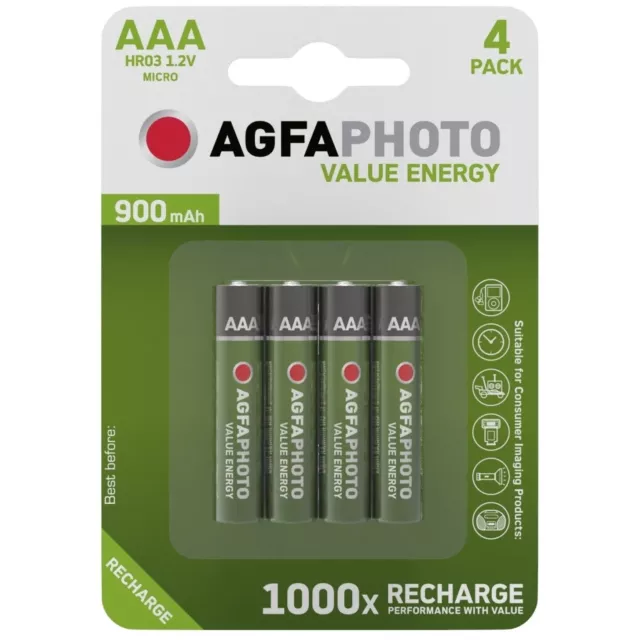 Pile rechargeable AAA LR3 HR03 900 mAh 1.2 Volts Lot de 4 Piles AgfaPhoto 1.2V