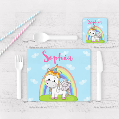 Personalizzato Carino Unicorno Arcobaleno Kids per bambini Tavolo TOVAGLIETTA AMERICANA & Coaster