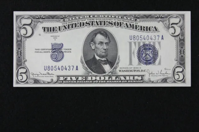 $5 1934D CU Wide 2 Blue Seal Silver Certificate U80540437A Series D, bp 2082 WII