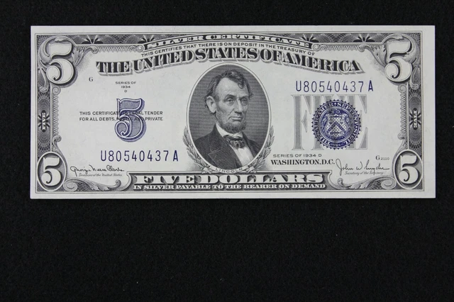 $5 1934D CU Wide 2 Blue Seal Silver Certificate U80540437A Series D, bp 2082 WII