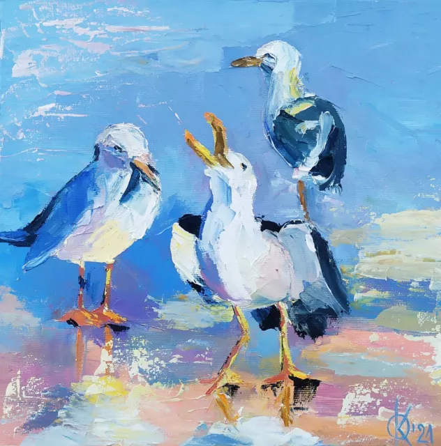 oil painting on canvas original art with three birds seagulls on the coast