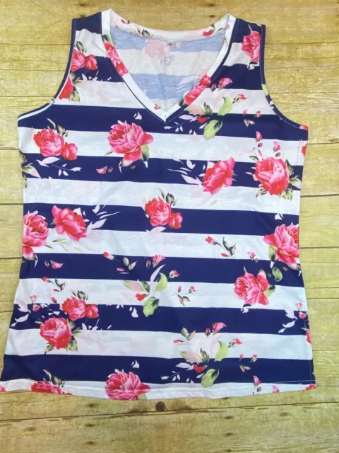 Women’s Sleeveless Navy Blue White Stripe Rose Floral Pattern Women’s Size XL