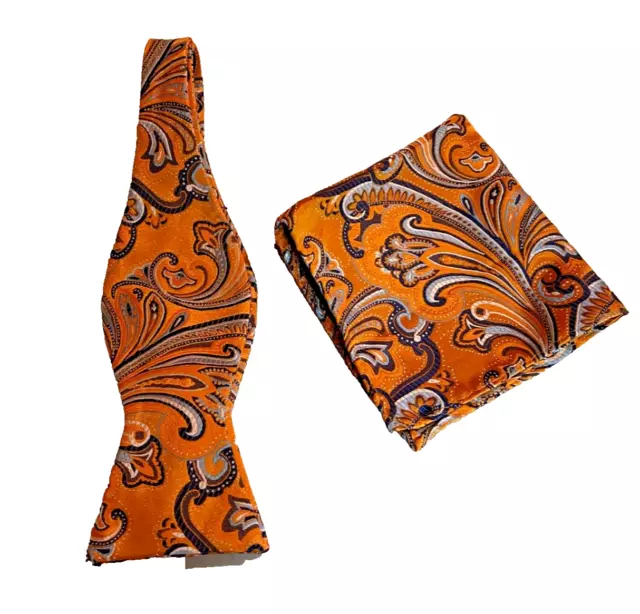 EUC Hisdern Orange Blue Paisley Silk Bow Tie and Pocket Square Hand Made