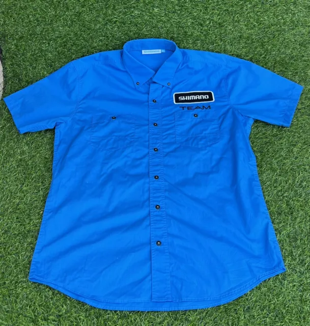 RARE Shimano Team Fishing Short Sleeve Work Shirt Blue Button Up Size XL