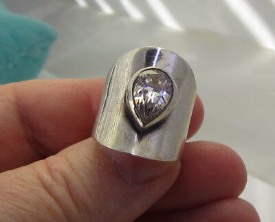 Estate Vintage Sparkly Wide Sterling Silver Teardrop Quartz Crystal Size 6 Ring