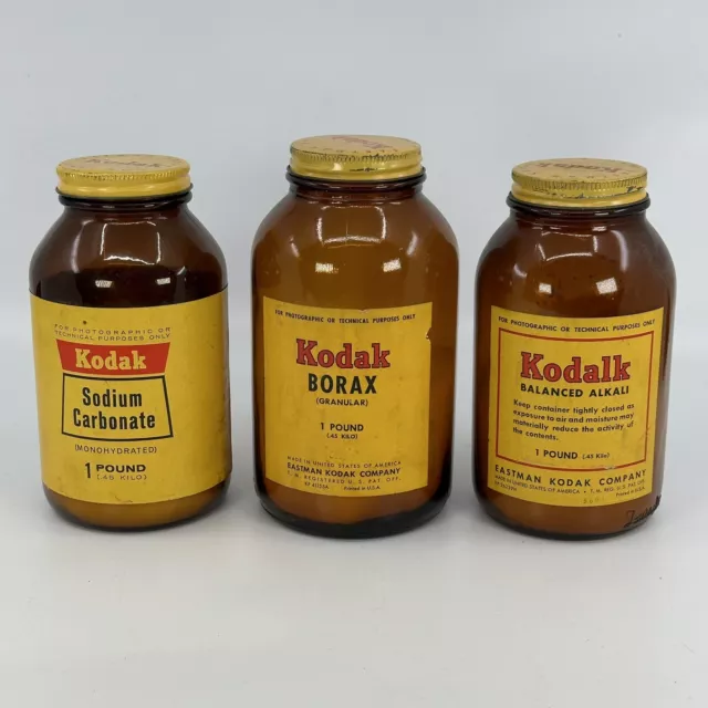 3 Vintage Kodak Film Developing Powder Solutions Bottles Nice Collectable!