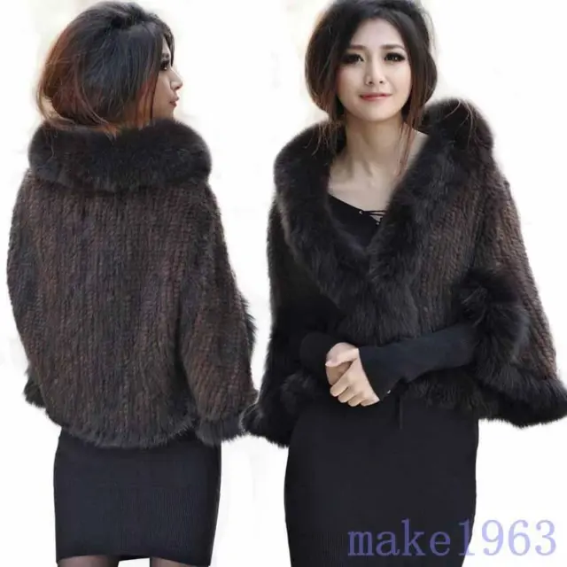 New 100% Real Genuine Knitted Mink Fur Fox Collar Cape Stole Shawl Scarf Coat