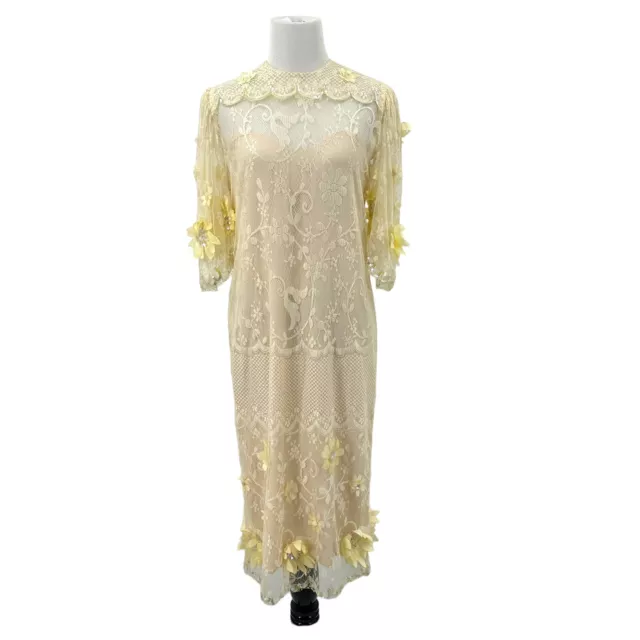 Vintage Dress Rina Di Montella Pink Iridescent  Sequins Cream Lace Sz 6 Rosettes