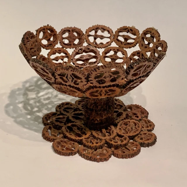 Black Walnut Sliced Shell Lacquered Pedestal Footed Bowl American Folk Art 4.5”