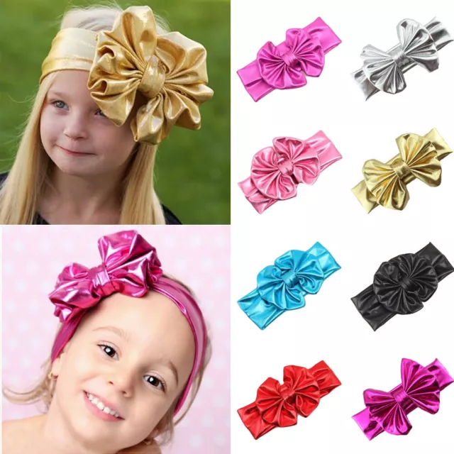 Baby Kids Girl Child Bow Faux Leather Elastic Stretch Headband Hair Head Band