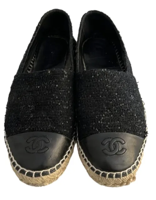 Chanel Black CC Cap Toe Sequin Tweed Espadrille 38 – The Closet