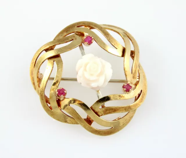 Broche en or Jaune 18 KT Avec Rose En Corail Et Pierres Rouges