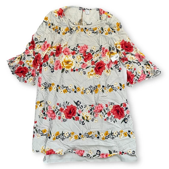 Old Navy Floral Midi Dress Womens Sz S Gray Round Neck Shift Oversized Lined NWT