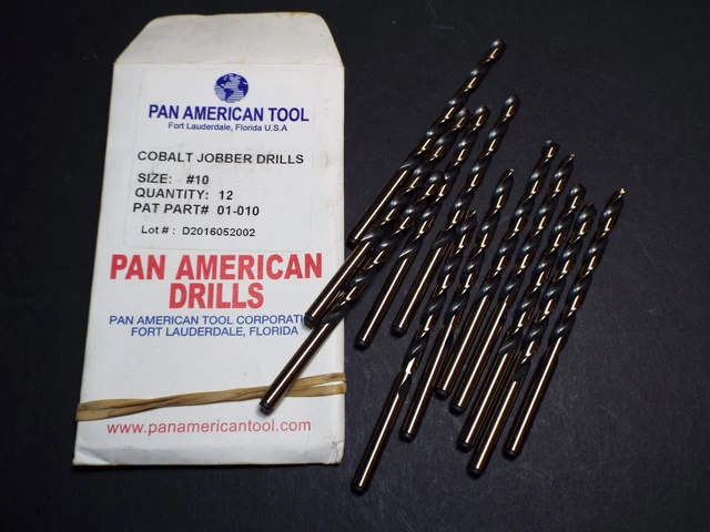 12 pcs PAN AMERICAN TOOL COBALT JOBBER #10 3/16" drill bits 3 5/8" LONG