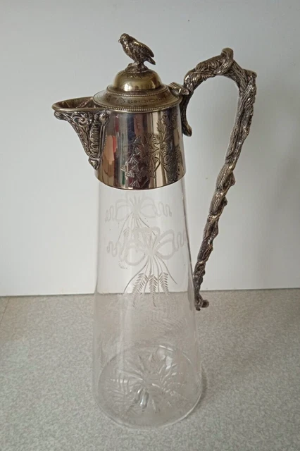 Lovely Antique / Vintage Claret Jug Silver Plated / Cut Glass - Bird Finial