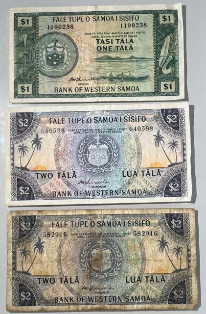 1967 1 Tala & 2 Tala Western Samoa 3 Banknotes