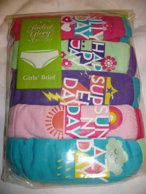 Faded Glory Girls Briefs 5 Pack Size 10 Silly Happy Sunny Day 100% Cotton NEW