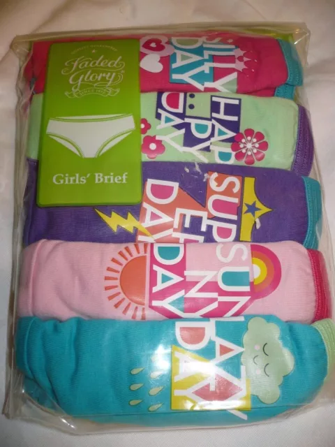 Faded Glory Girls Briefs 5 Pack Size 4 Silly Happy Sunny Day 100% Cotton NEW