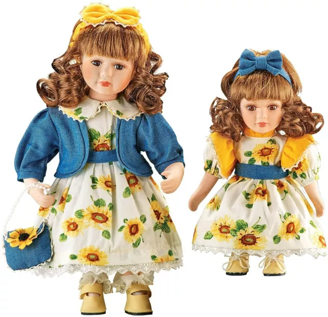 New Collectable Porcelain Sunflower  Sister Dolls One Stand and Gift Bag