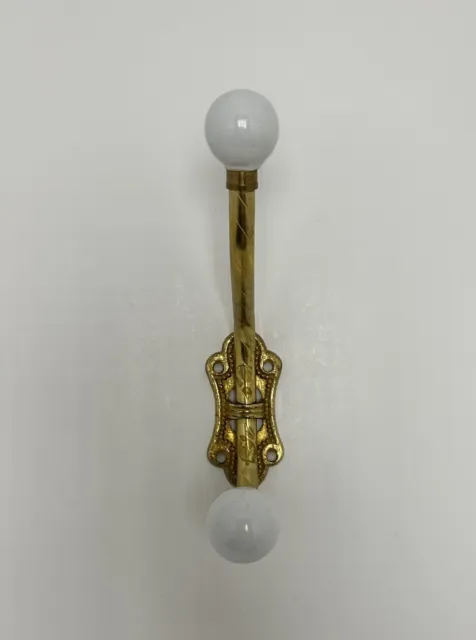 Vintage Brass Wall Mount Double Hooks w/ Porcelain Balls