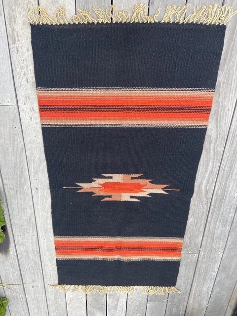 Vintage Black Tan Orange WOOL chimayo Rug 31x60