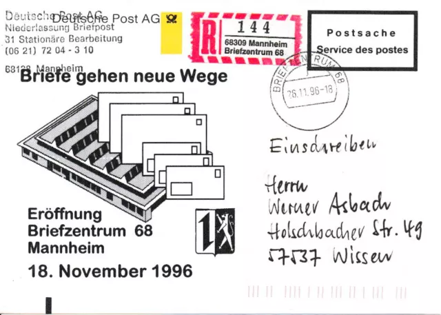 Sonder R Zettel, 68309 MANNHEIM Briefzentrum 68, Postsache 1996