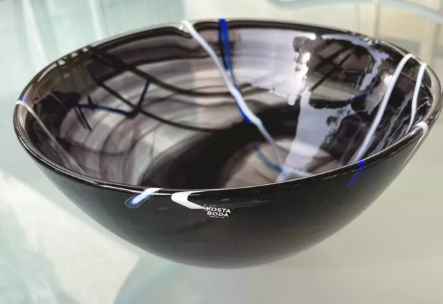 KOSTA BODA Sweden Contrast Bowl Black Art Glass Crystal 9" by Anna Ehrner