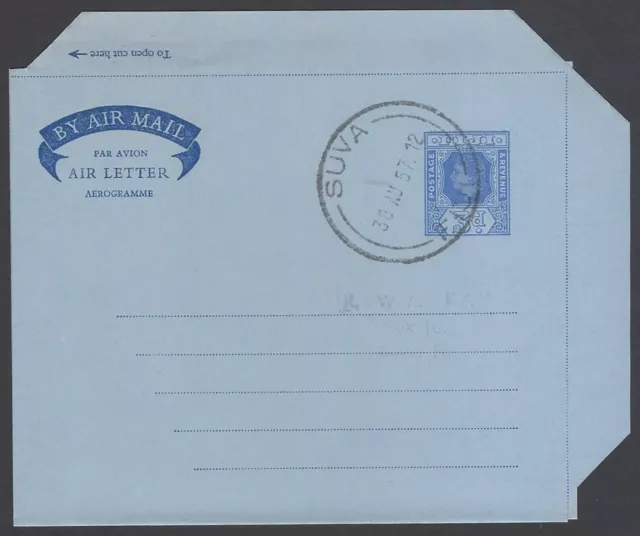 AOP Fiji 3d aerogramme air letter cancelled 1957