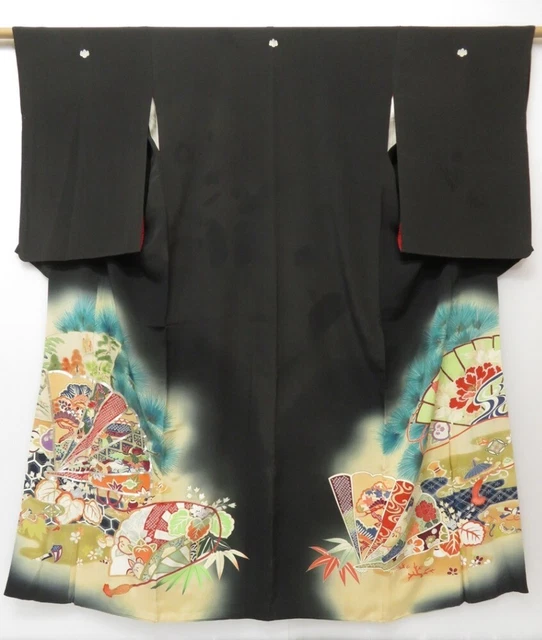 1621T09z870 Vintage Japanese Kimono Silk TOMESODE Folding fan Black
