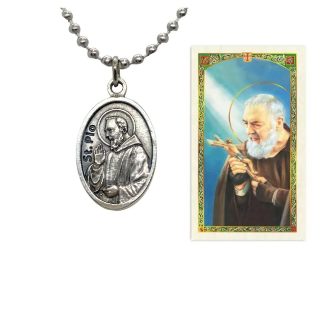 Saint St Padre Pio Silver Plated Italian Medal Pendant Necklace 24" Chain & Card