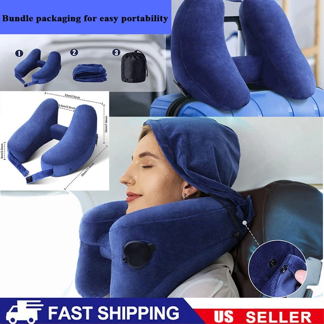 Hooded travel pillow H-shaped inflatable neck folding lightweight nap car seat