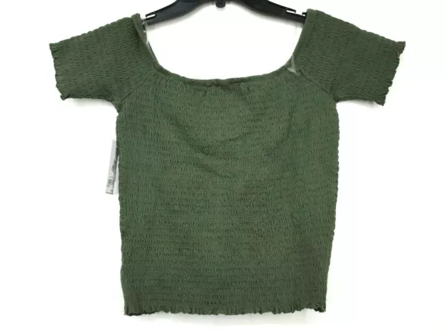 BP Womens Smocked Off the Shoulder Top Short Sleeve Stretchy Knit Cotton Green S 2