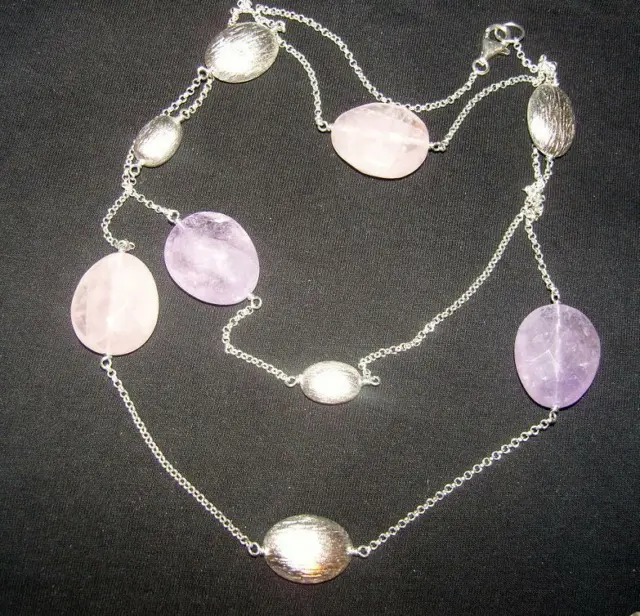 NICE 925 sterling silver quartz beaded gemstones necklace opera length 44.2g