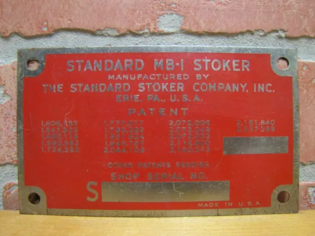 STANDARD MB-1 STOKER Erie Pa Made In Usa Old Metal Nameplate Tag ...